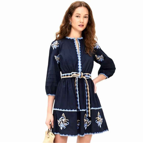 Shoshanna BARKLEY DRESS Navy and Blue Embroidered Mini Dress Sz 2 NWT - Picture 1 of 7